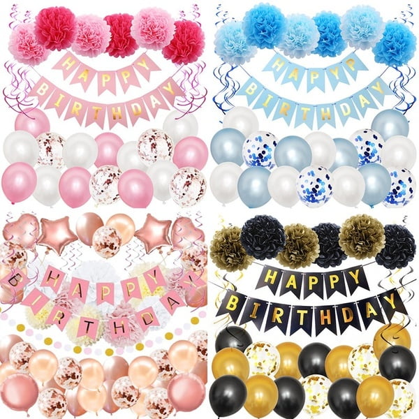 Happy Birthday Balloons Bunting Banner Pompoms Set Party Boy Girl Rose Gold